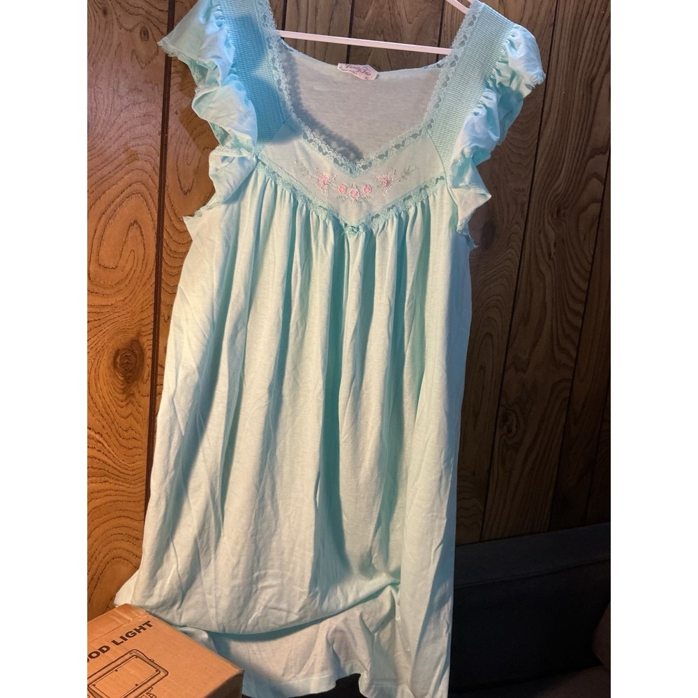 Vintage Vanity Fair Blue Pink Lace Trim Nightgown Size XL Made in USA 70s